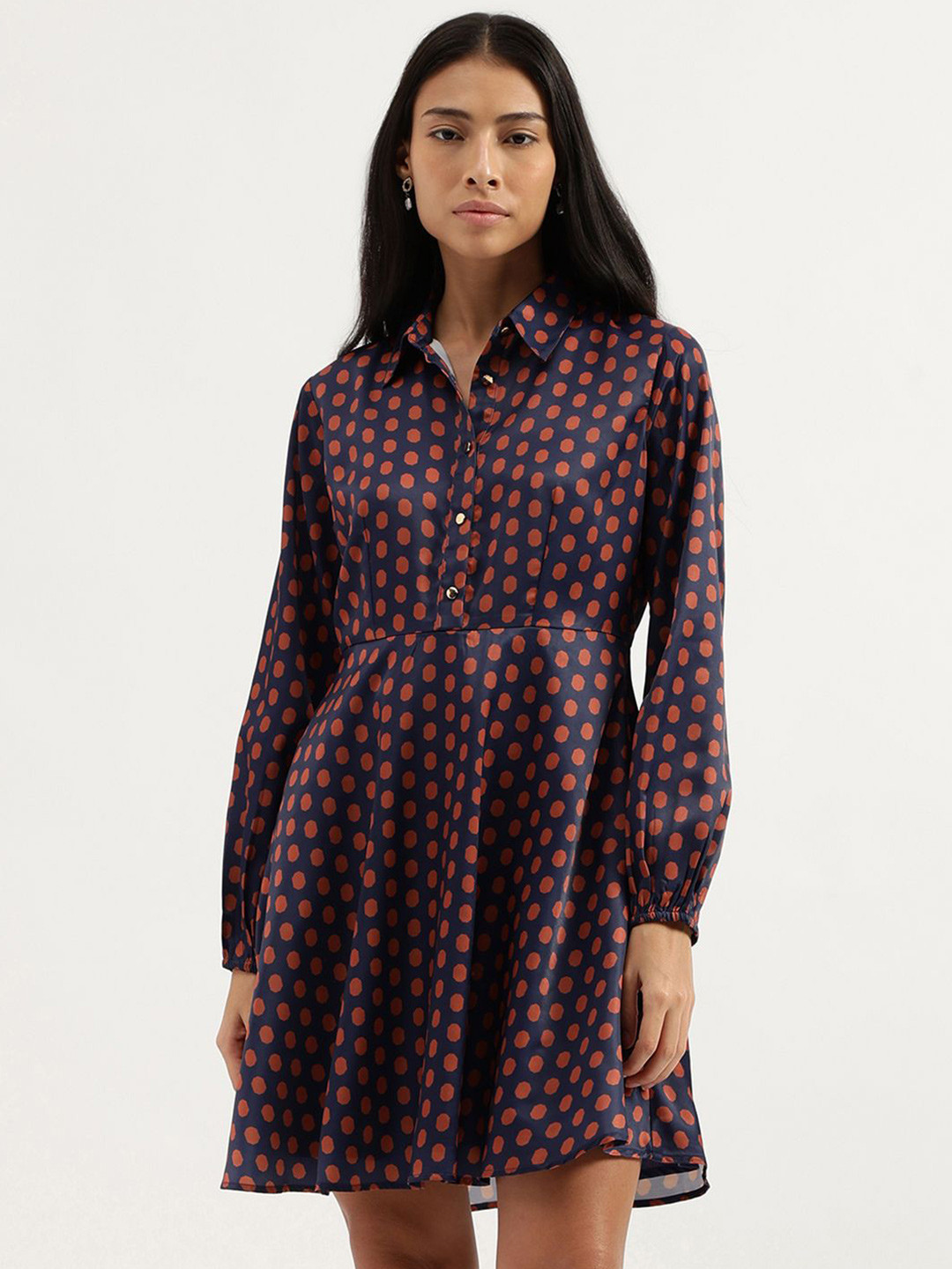 United Colors of Benetton Printed Shirt Collar Fit & Flare Dress
