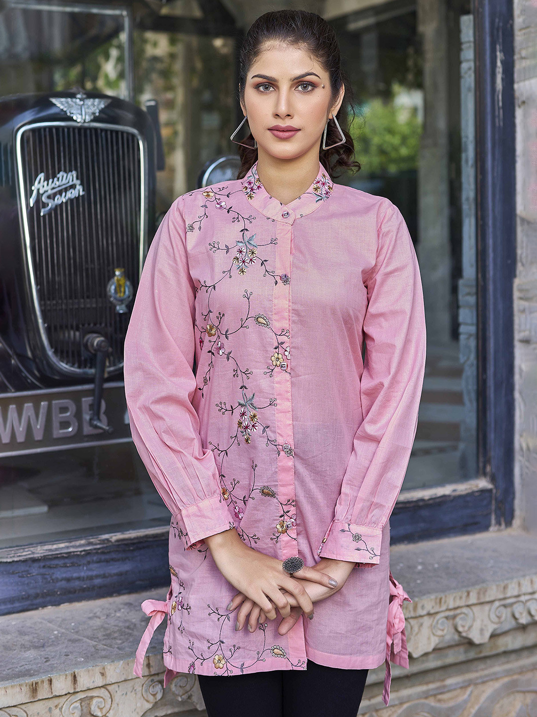 PEACH PIPER Floral Print Mandarin Collar Shirt Dress