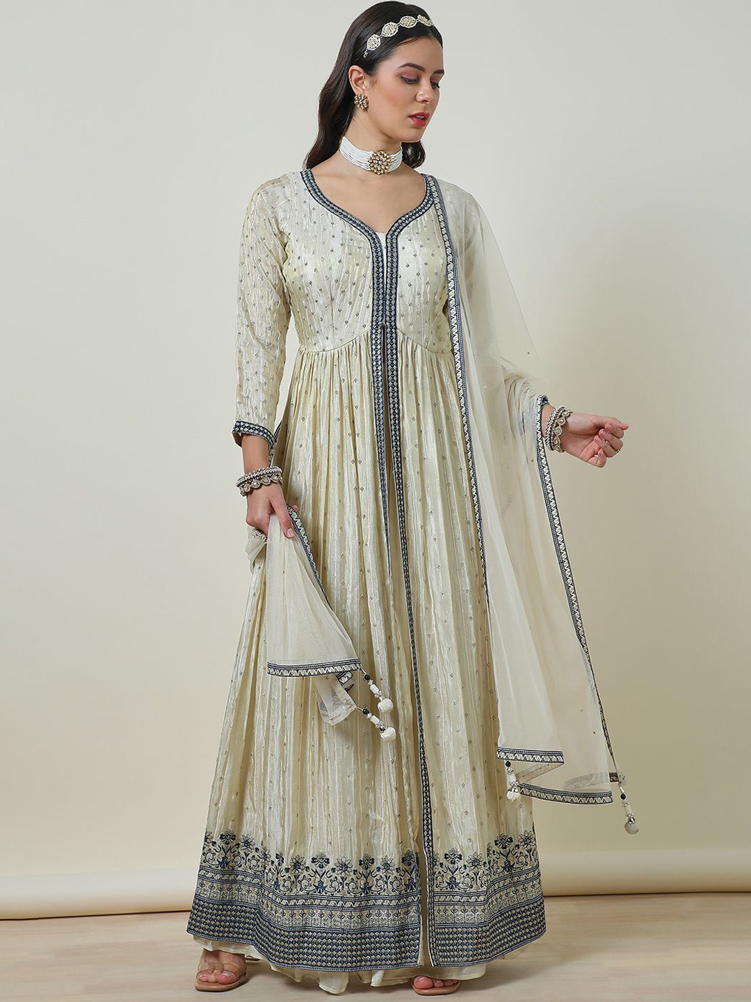 Soch Alina Cut Beige Embroidered V-Neck Thread Work Tissue Anarkali Kurta With Palazzos & Dupatta
