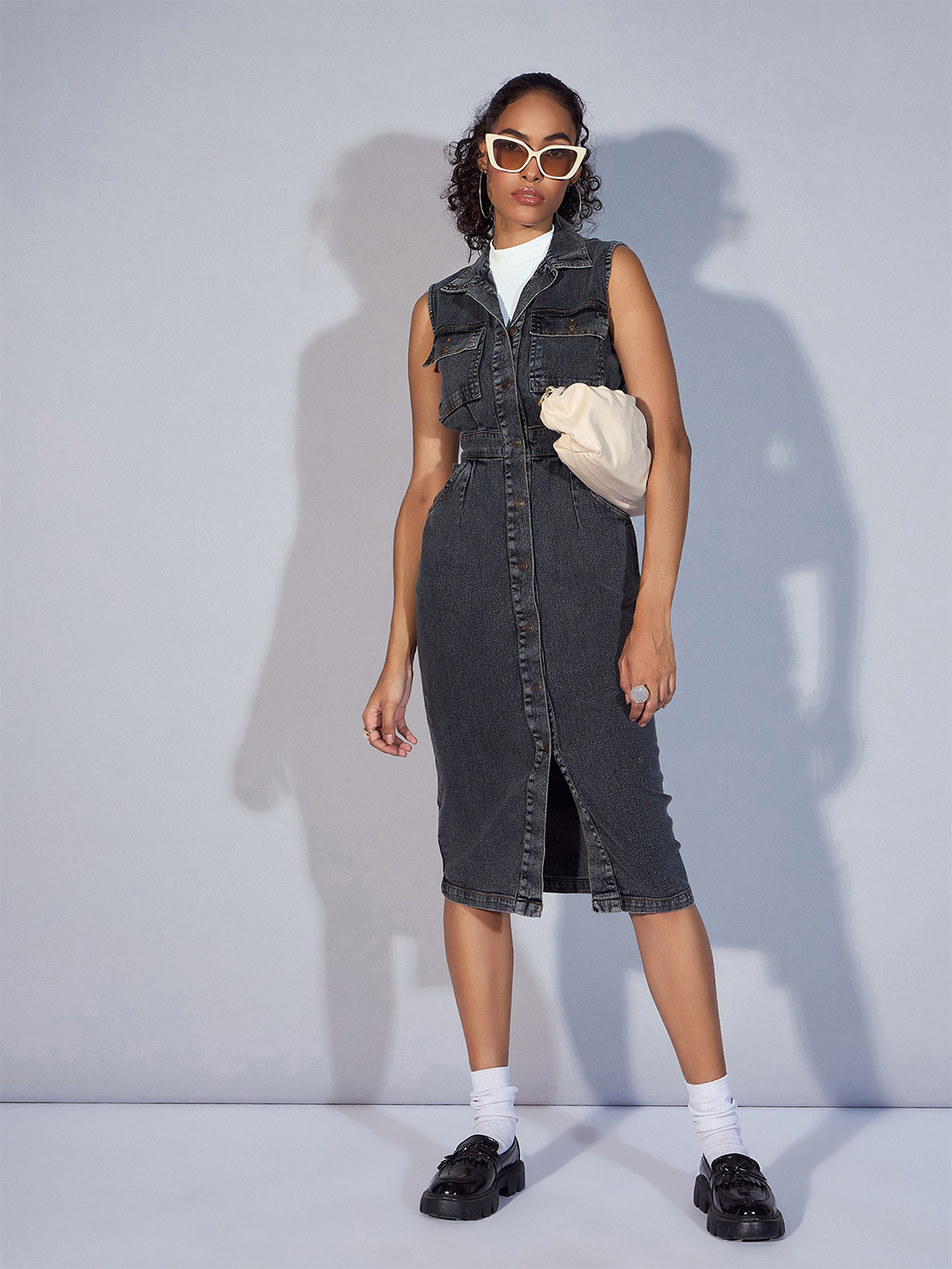 SASSAFRAS Denim Sleeveless Shirt Dress