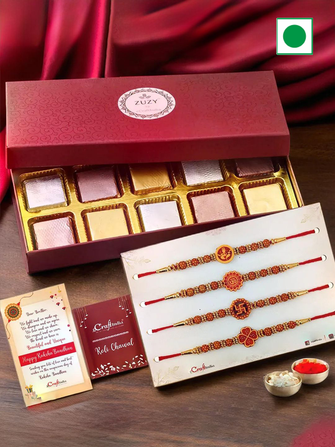 eCraftIndia  Set of 5 Religious Rakhis With Zuzy Assorted Chocolate 10 Pcs and Roli Chawal