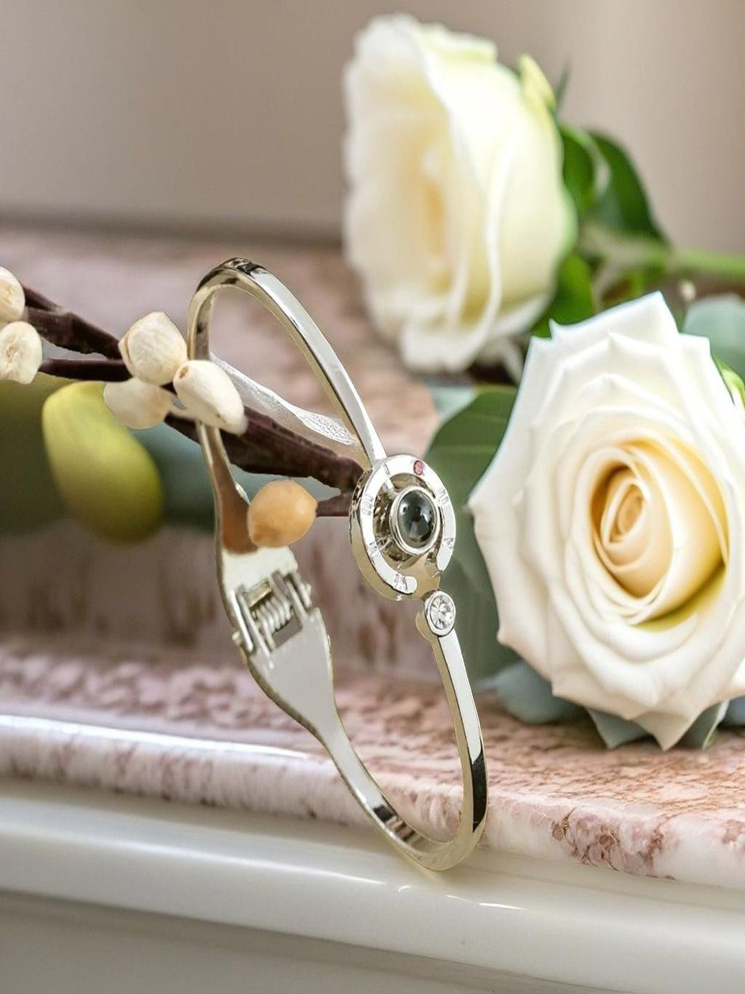 UNIVERSITY TRENDZ Silver-Plated Crystals 100 Language Clock Wraparound Bracelet