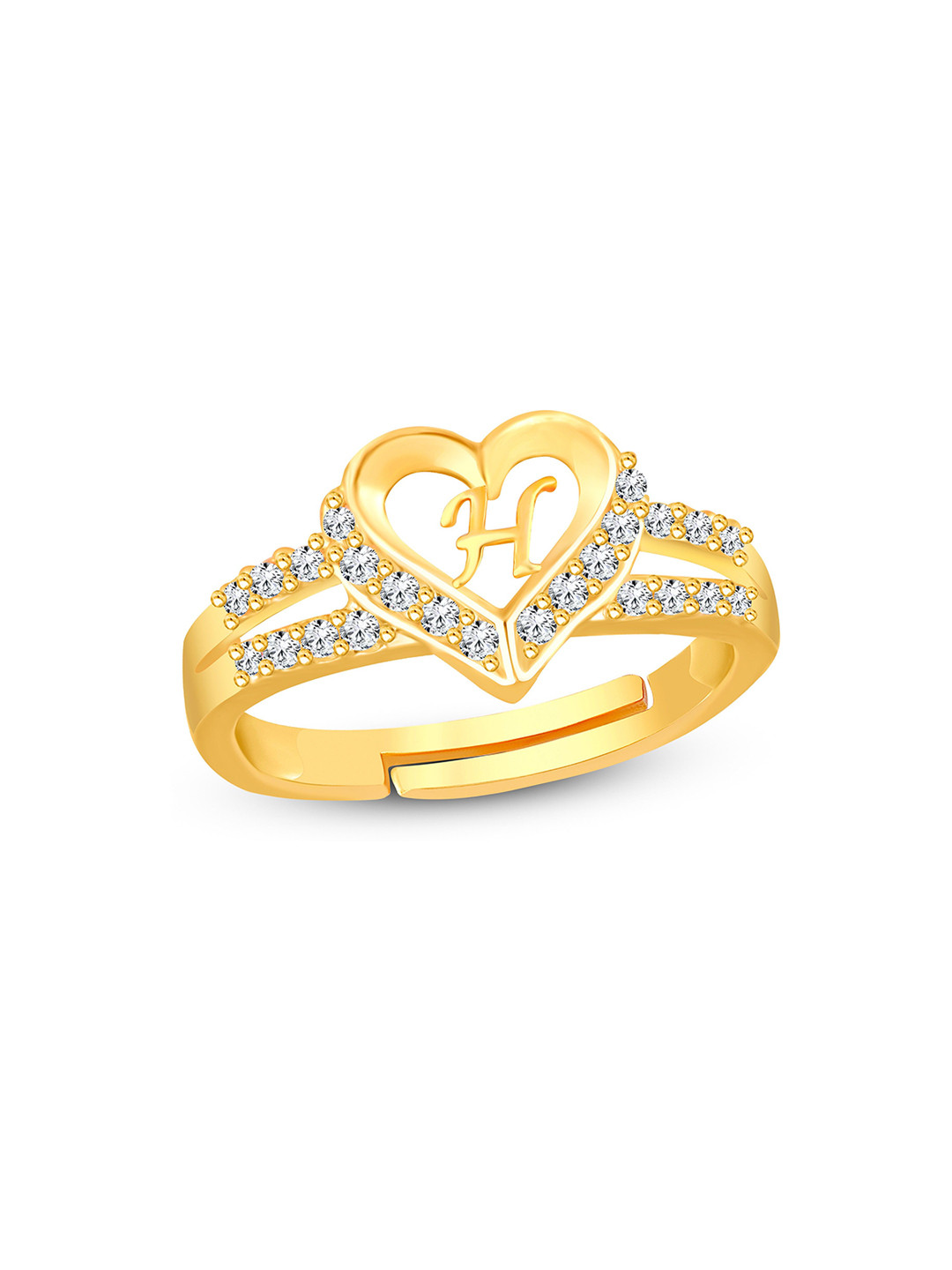 Lila Gold Plated Cubic Zirconia Studded Heart H Alphabet Adjustable Finger Ring
