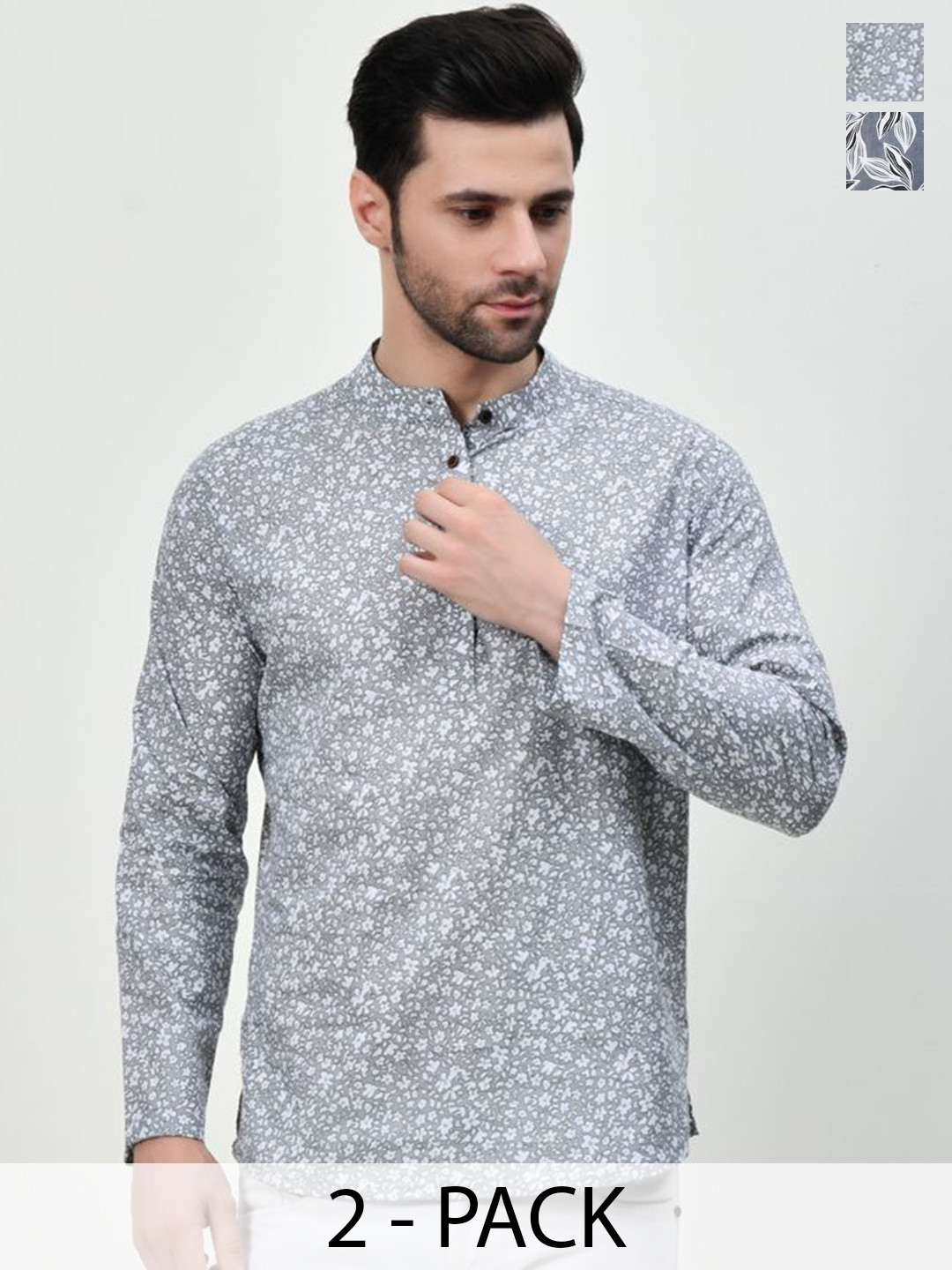 BAESD Set Of 2 Floral Printed Mandarin Collar Pure Cotton A-Line Short Kurtas