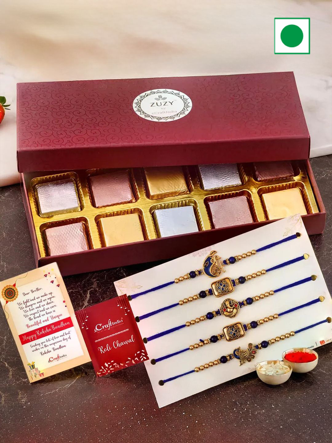 eCraftIndia Set of 6 Designer Rakhis With Zuzy Dried Fruit Box and Roli Chawal Pack