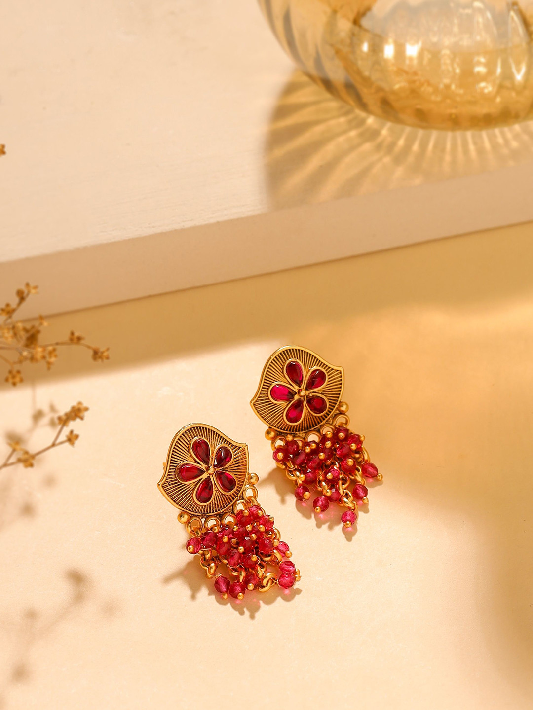 THE AAB STUDIO Gold Plated Antique Finish Stone Studded & Beaded Classic Drop Earrings