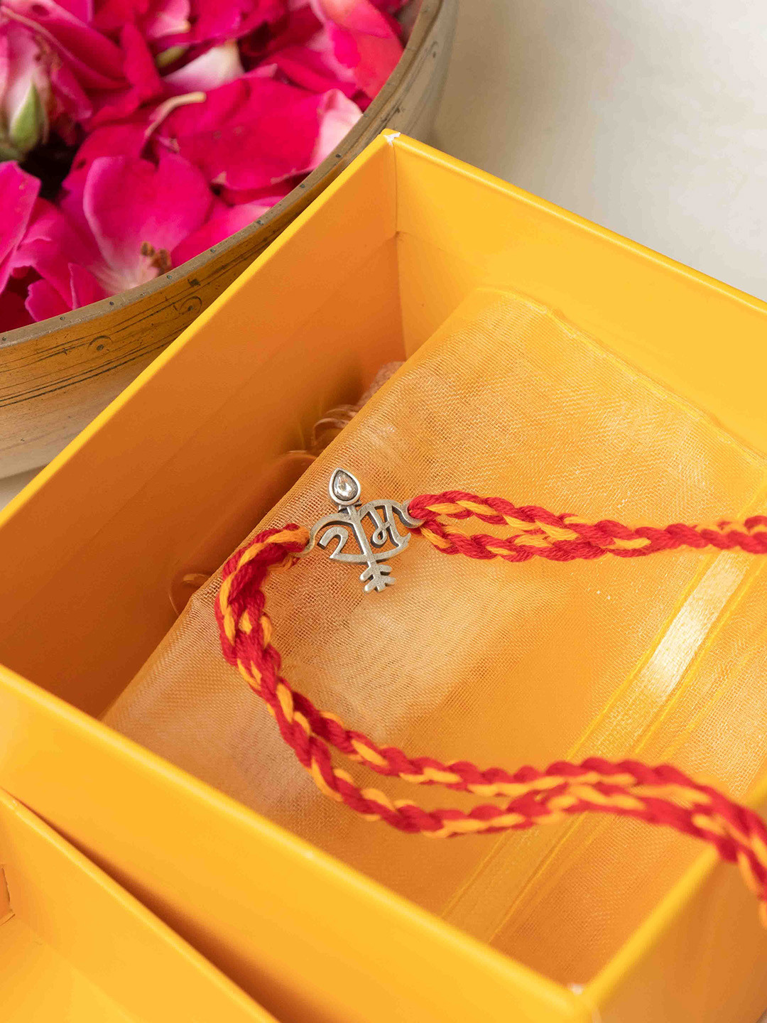 Shyle 925 Sterling Silver Shri Ram Dhanush Baan Moli Thread Rakhi with Roli & Chawal