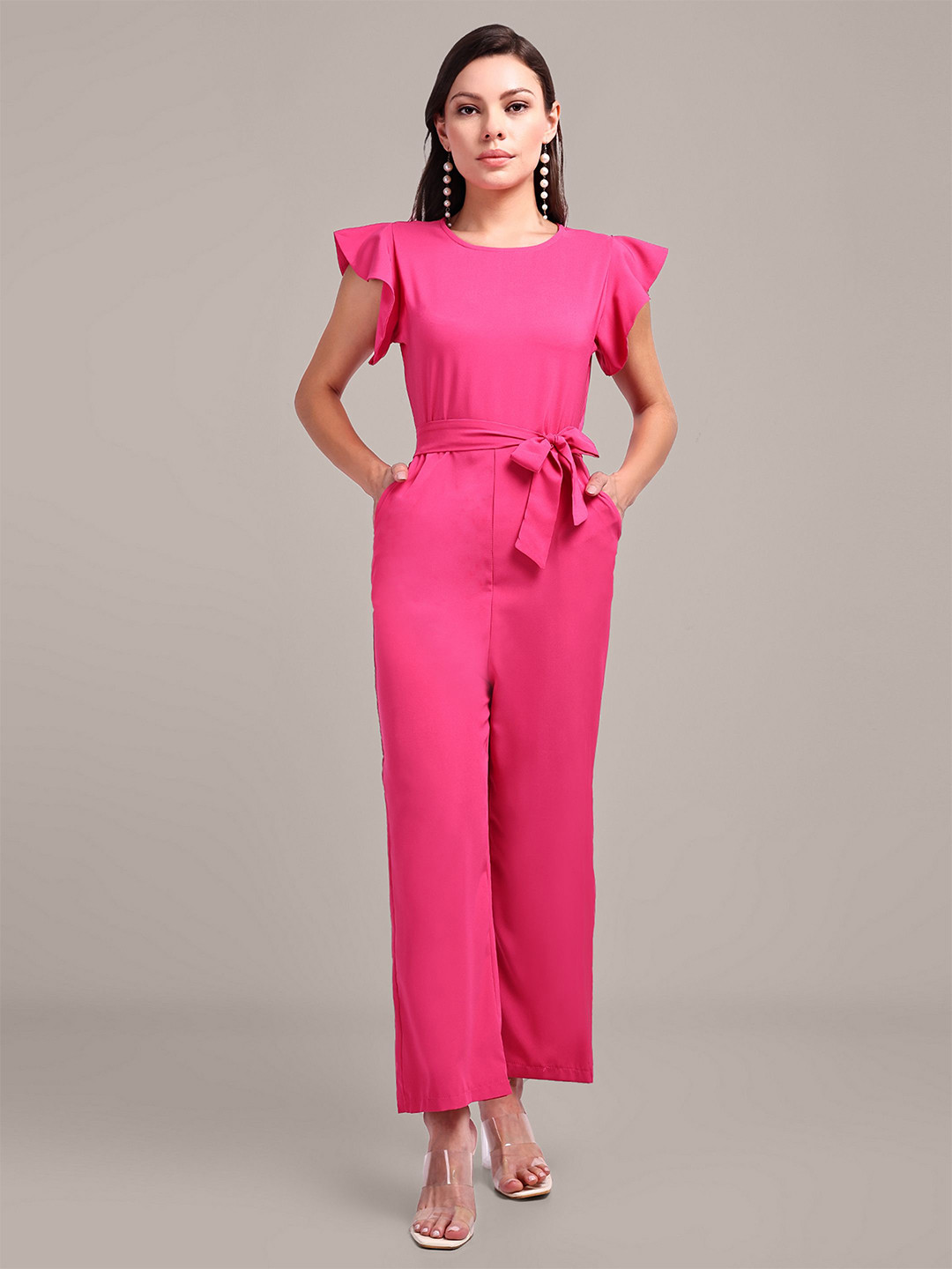 iki chic Flutter Sleeve Jumpsuit With Waist Belt