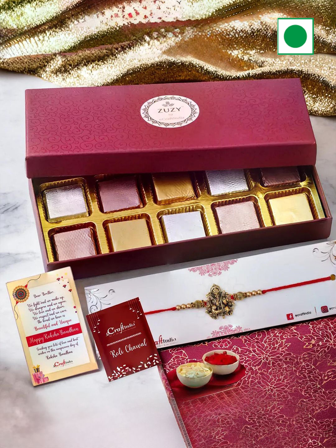 eCraftIndia Ganesha Rakhi With Zuzy Assorted Chocolate Box 10 Pcs & Roli Chawal