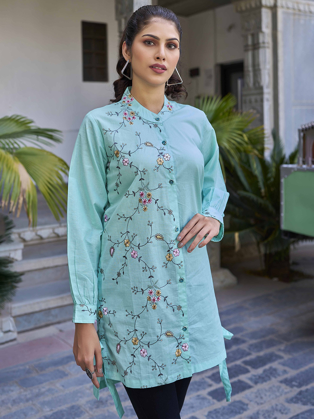 PEACH PIPER Ethnic Motif Cuff Sleeve High Low Shirt