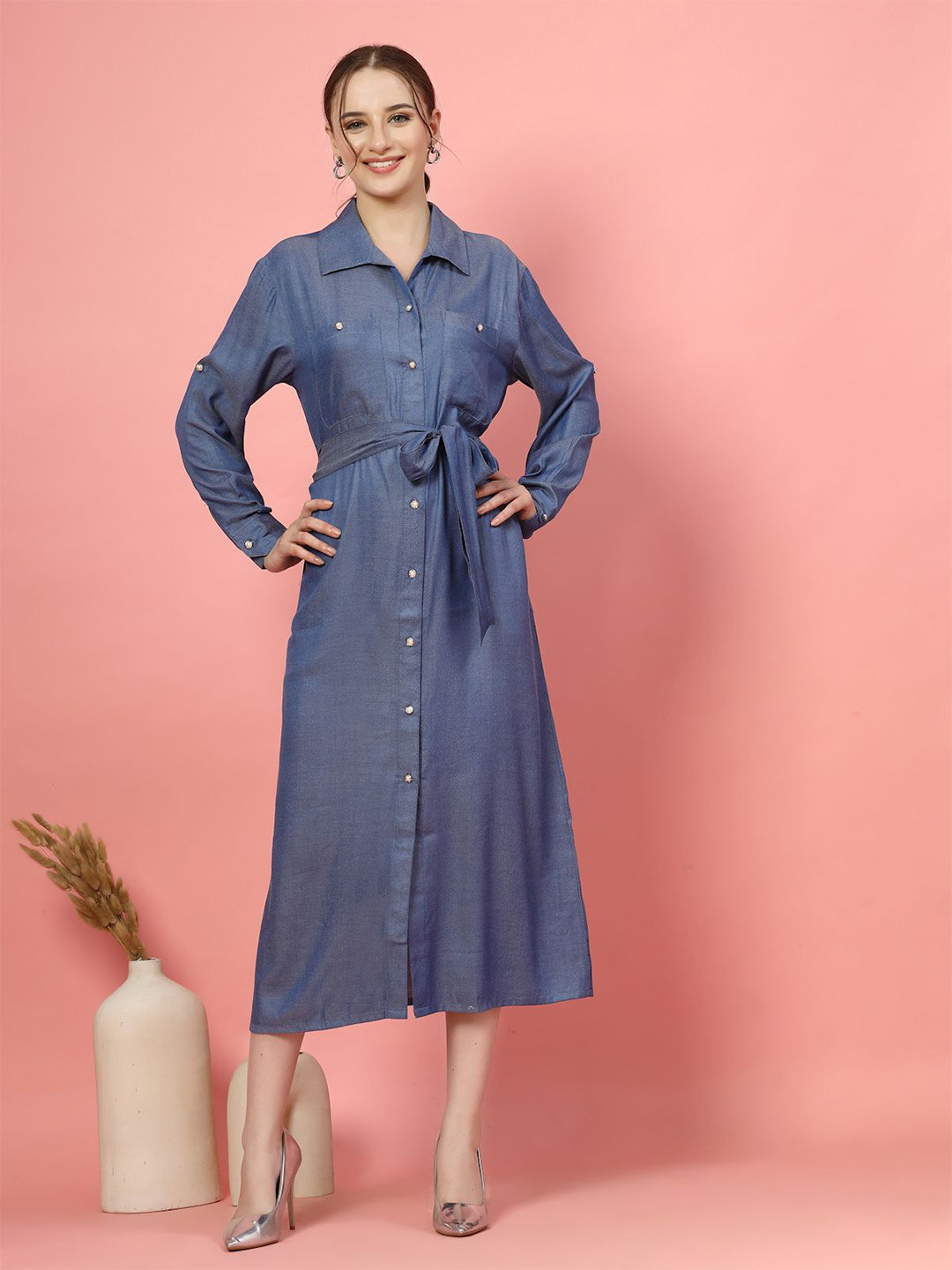plusS Roll up Sleeve Midi Shirt Dress