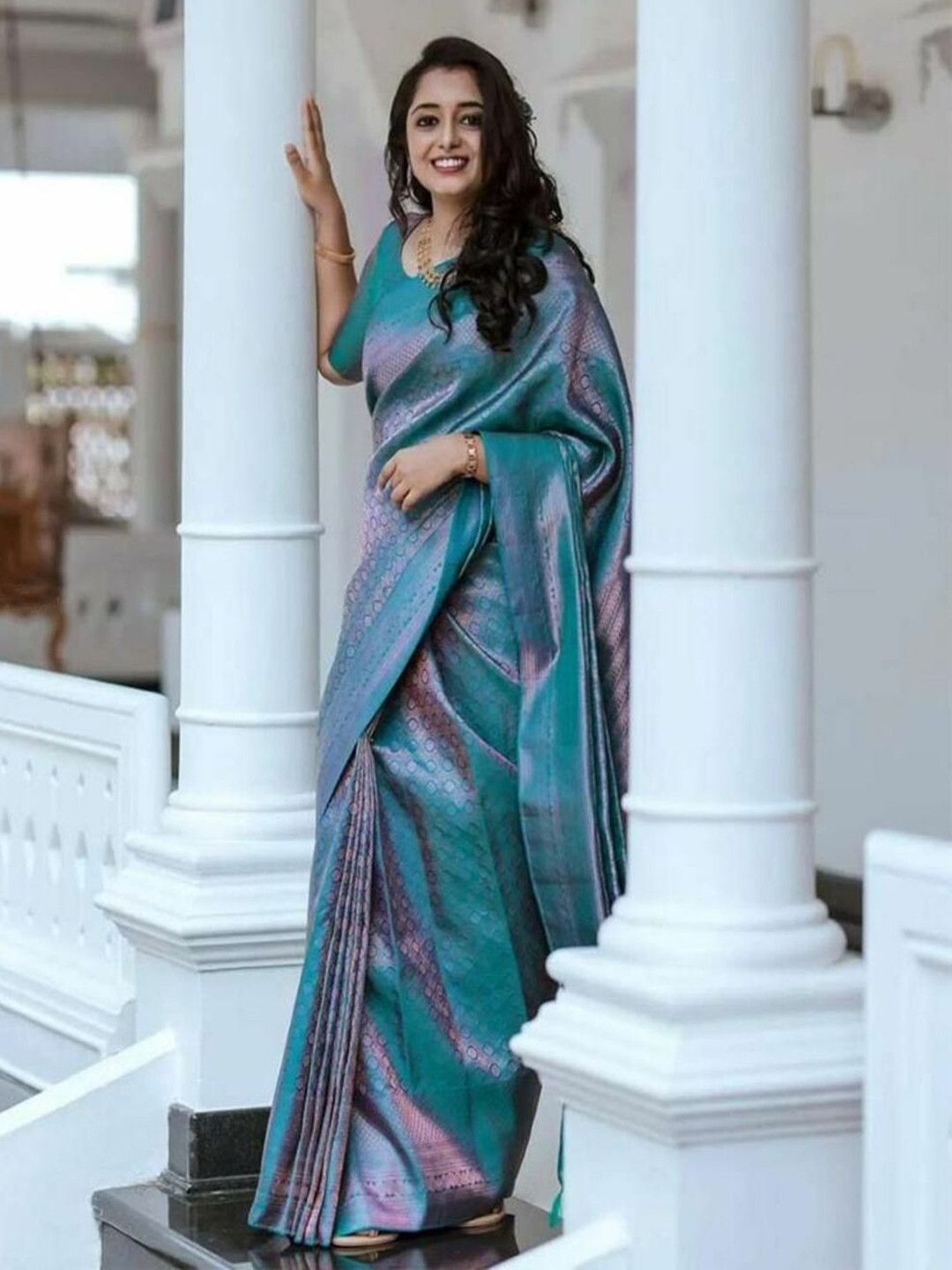 Sitanjali Ethnic Motifs Zari Silk Blend Kanjeevaram Teal Color Saree