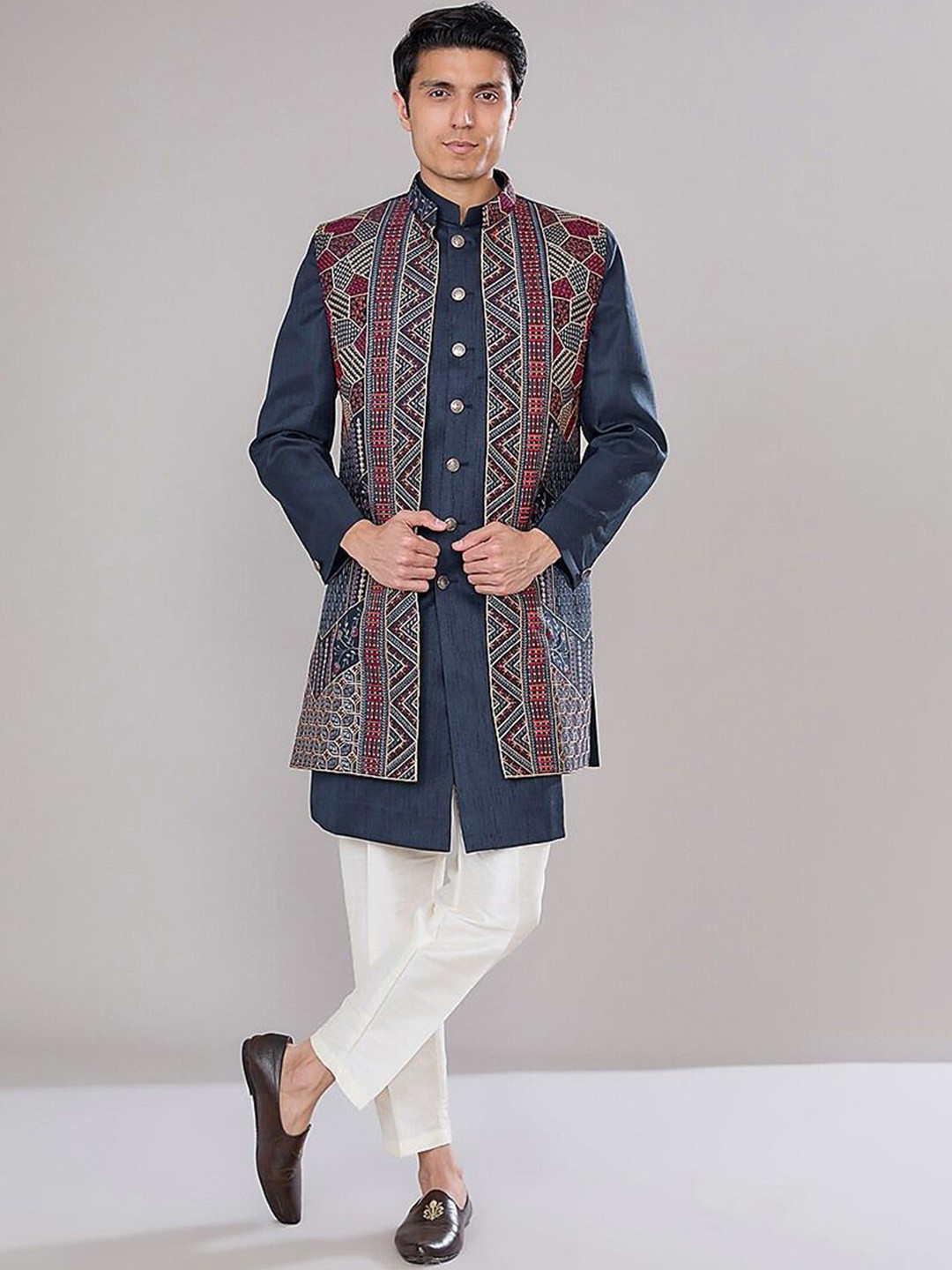 RNG Safawala Mandarin Collar Thread Work Raw Silk Straight Kurta With Trousers & Jacket
