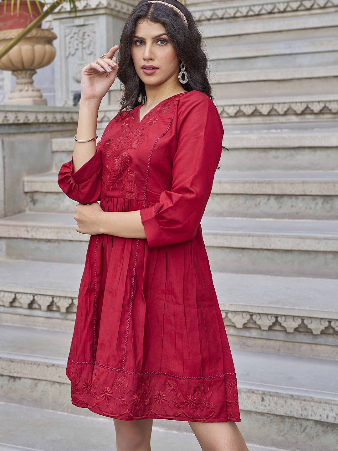 PEACH PIPER Puff Sleeve V Neck Mini Fit and Flare Dress