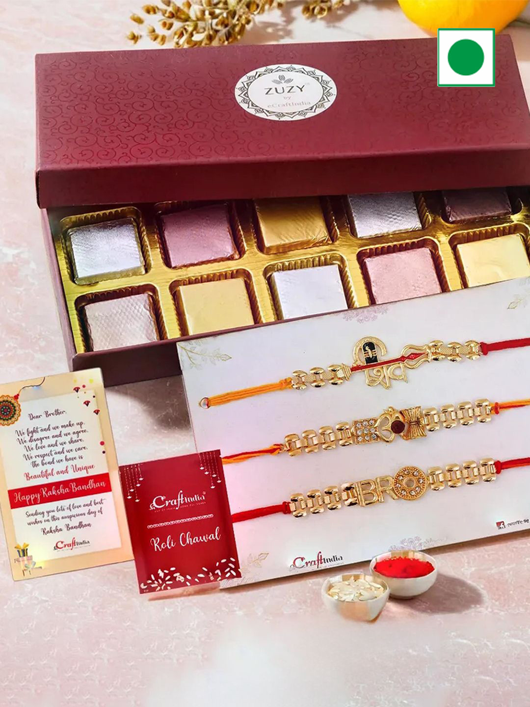 eCraftIndia Set of 3 Beaded Rakhis with Chocolates Box And Roli Chawal