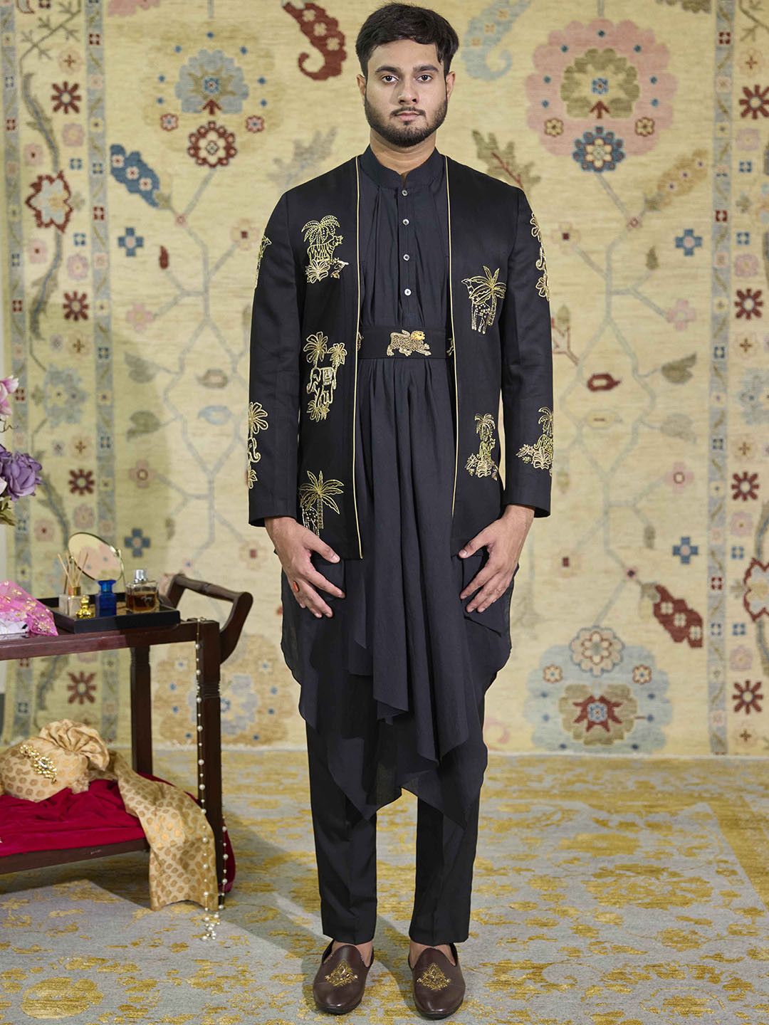 Agrajain Mandarin Collar Pleated Zardozi A-Line Kurta With Trousers & Embroidered Jacket