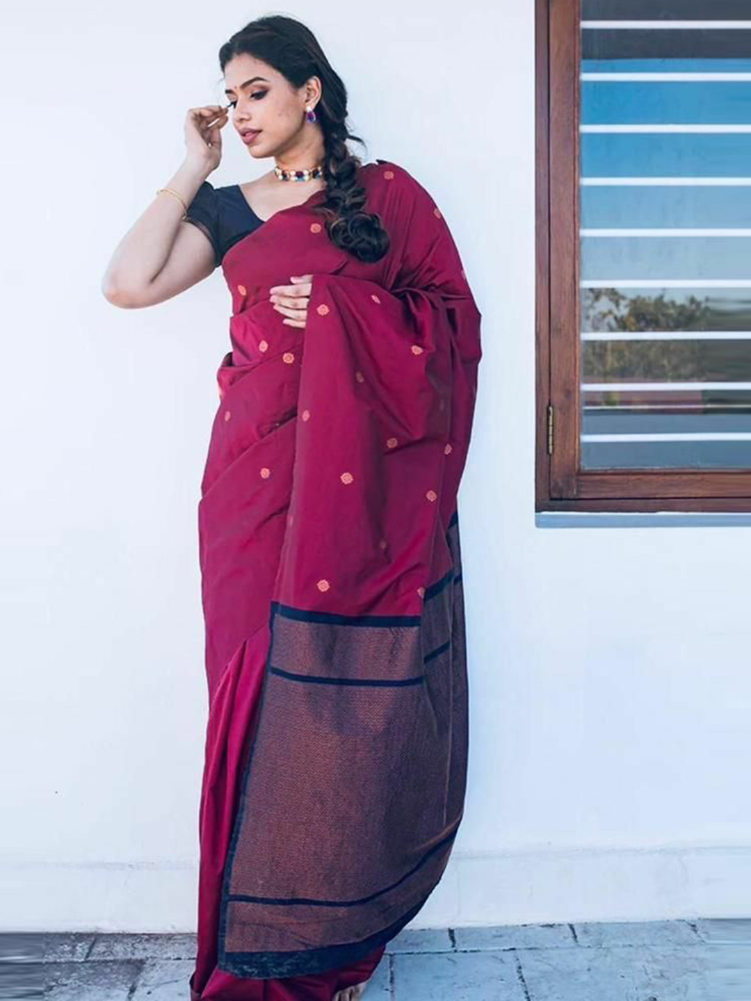 Sitanjali Woven Design Zari Silk Blend Kanjeevaram Wine Color Saree