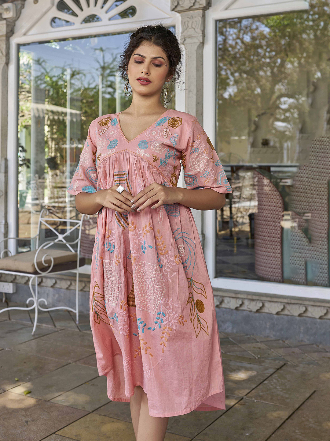 PEACH PIPER V-Neck Floral Embroidered Empire Dress