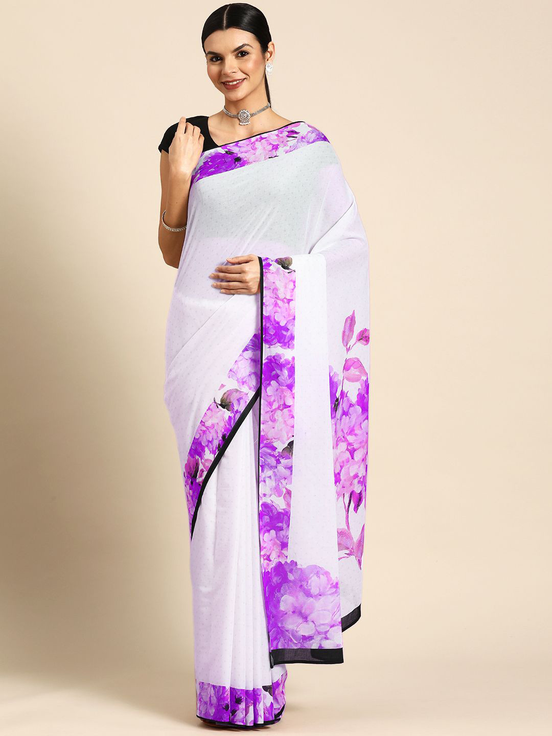 BUTA BUTI Floral Purple Colour Polka Dot Pure Cotton Printed Saree