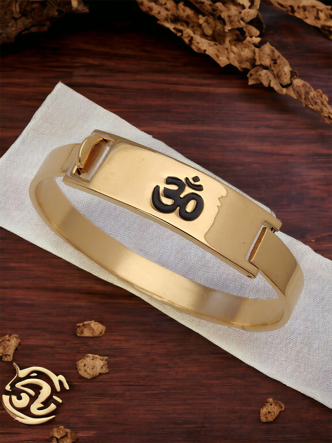 WATCHSTAR Men Gold-Plated Stainless Steel Enamelled Om Design Kada Bracelet