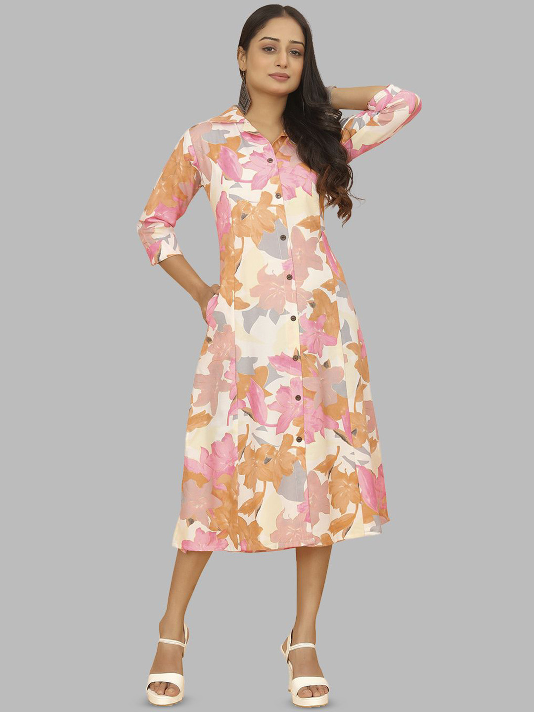 PEACH PIPER Floral Printed Cuban Collar Shirt Midi Dress
