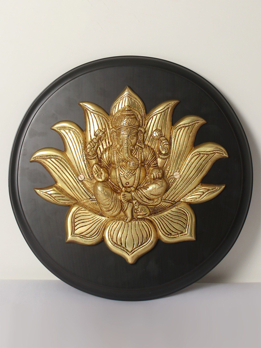 Exotic India Lotus Ganesha Brass Floral Antique Pooja Room Spiritual Wall Decor-12.8In