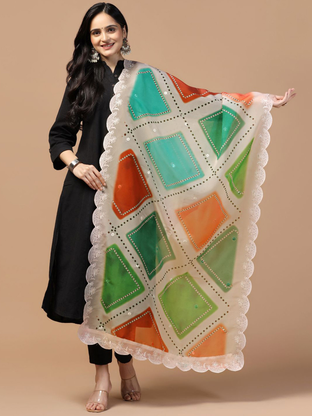 Kaizen TEXO FAB Geometric Printed Organza Silk Dupatta