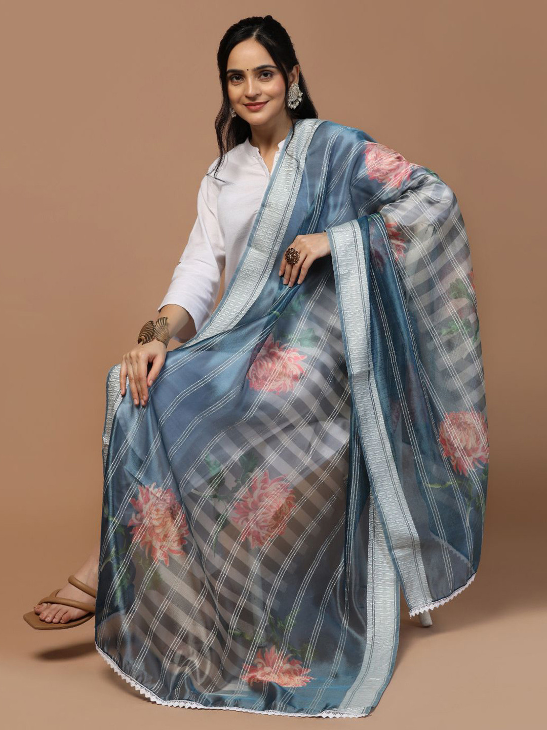 Kaizen TEXO FAB Floral Printed Organza Silk Dupatta