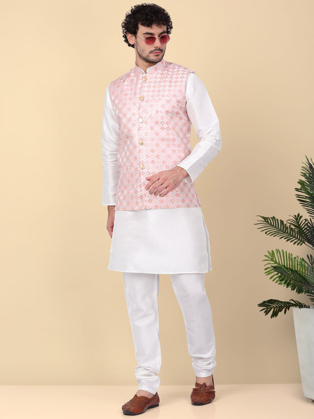 KRAFT INDIA Sequinned Woven Design Straight Kurta With Churidar & Nehru Jacket