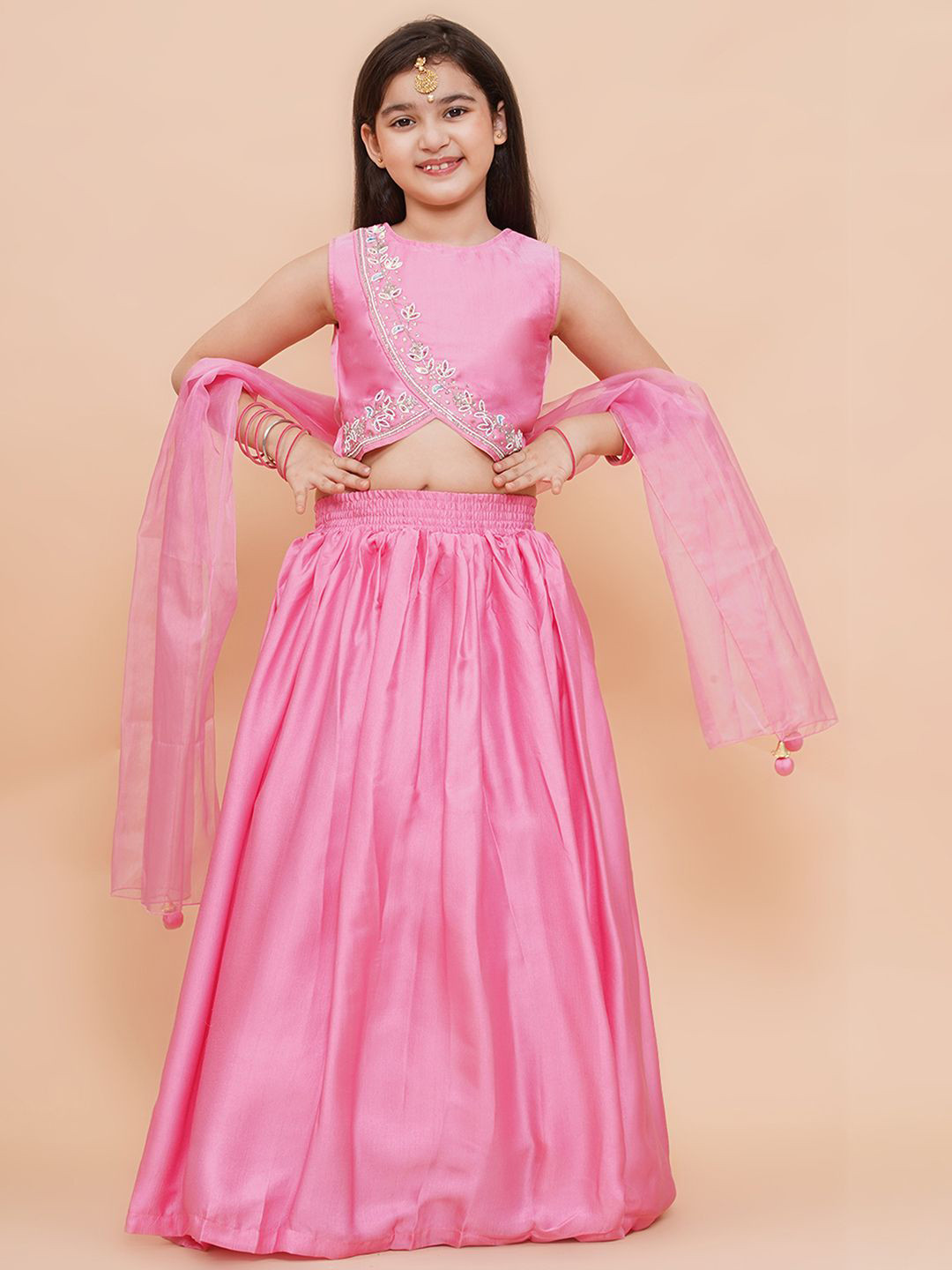 PICCOLO Girls Embroidered Silk Net Ready to Wear Lehenga & Blouse With Dupatta