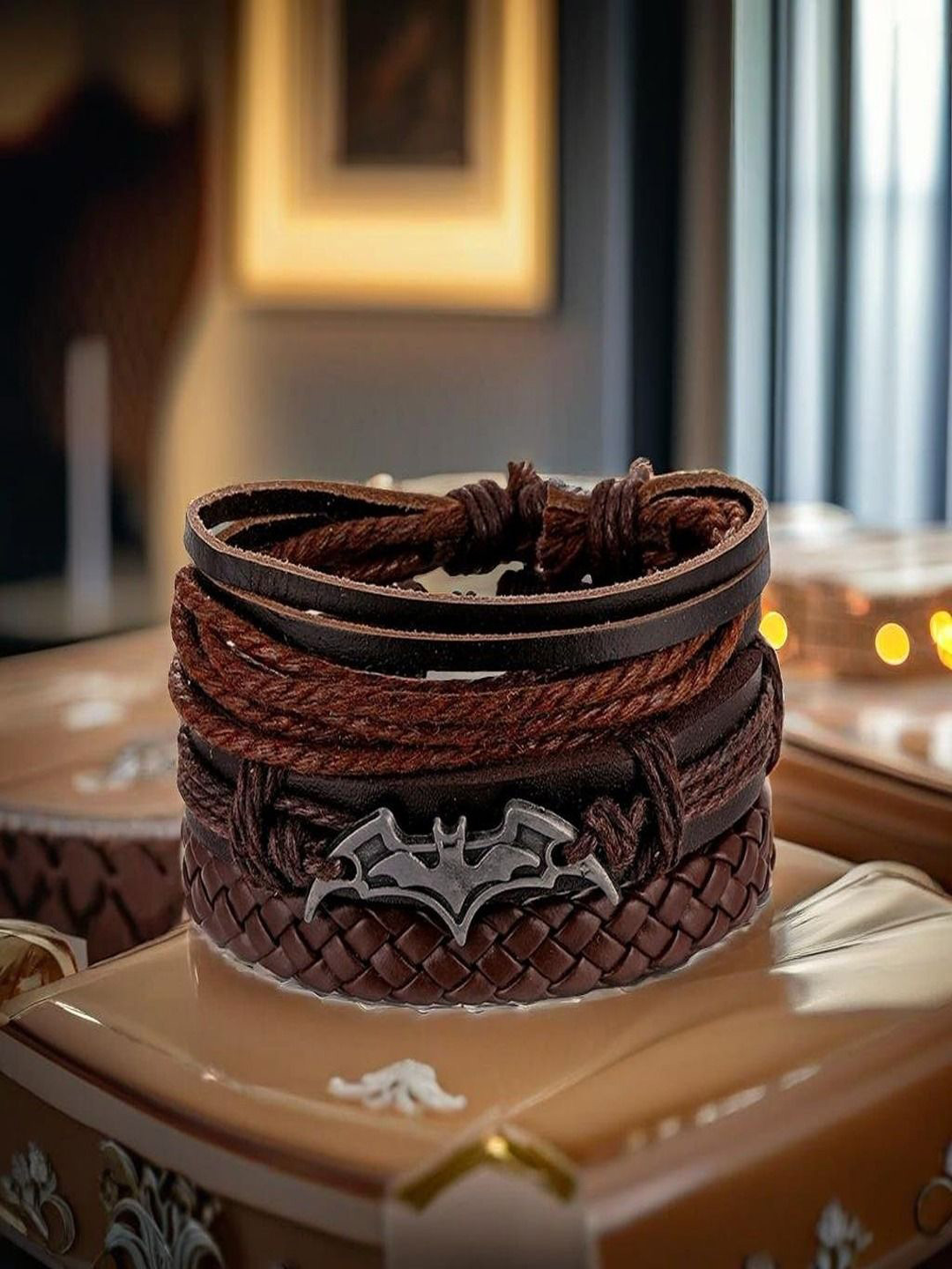 UNIVERSITY TRENDZ Men Multilayered Batman Leather Wraparound Bracelet