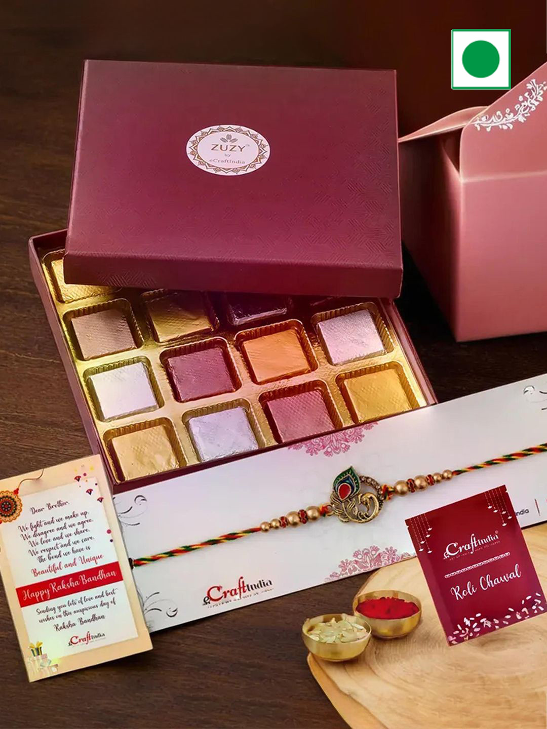 eCraftIndia Peacock Rakhi With Zuzy Assorted Chocolate Gift Box 16 Pcs & Roli Chawal Pack