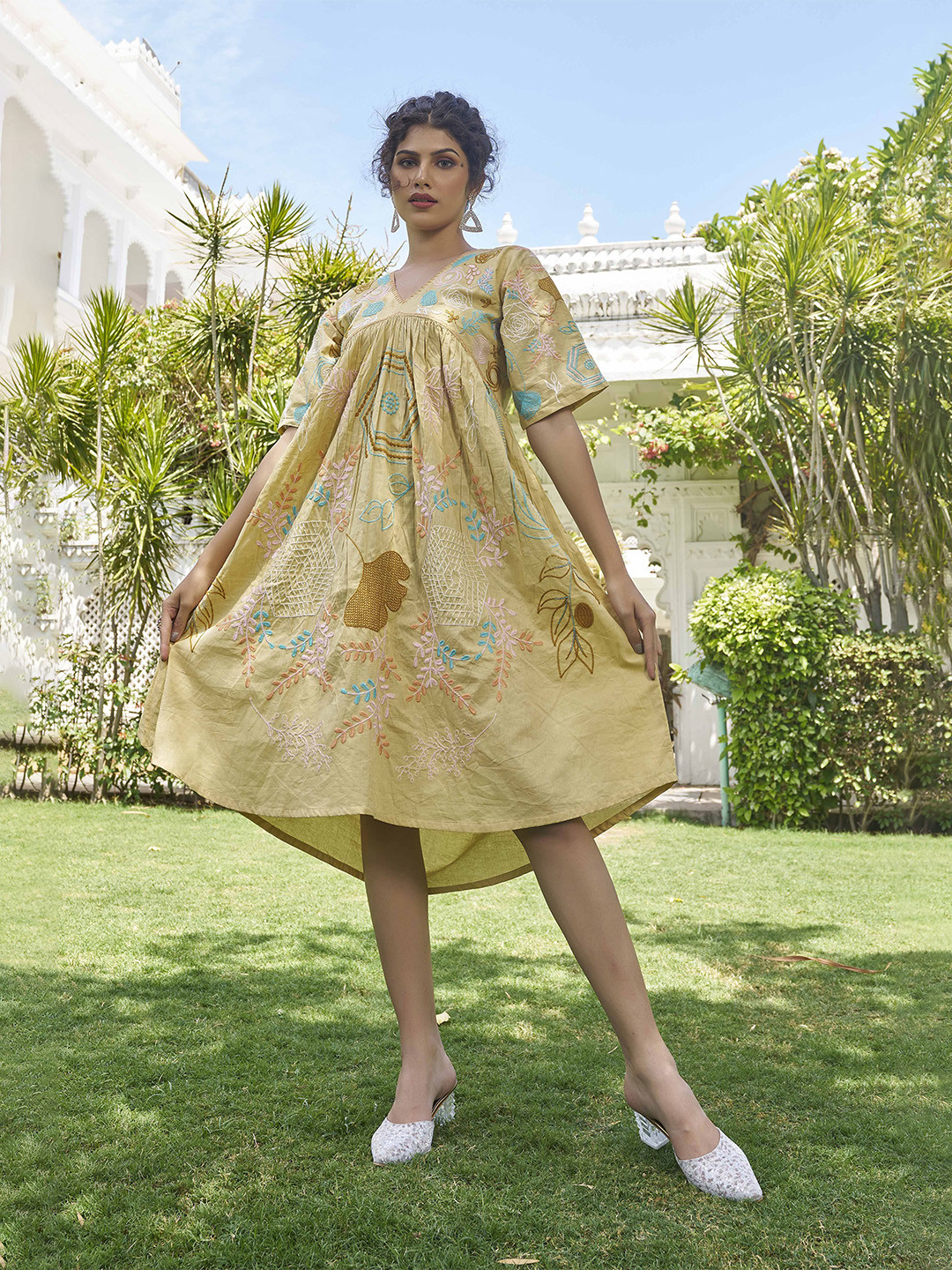 Mustard Yellow V-Neck Ethnic Motifs Embroidered Empire Dress