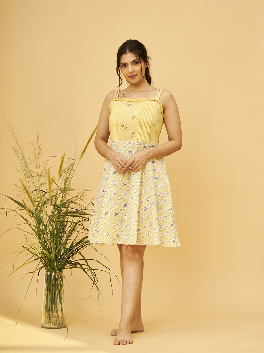 July Women Premium Embroidered Cotton Yellow Short Nighty-JPR026