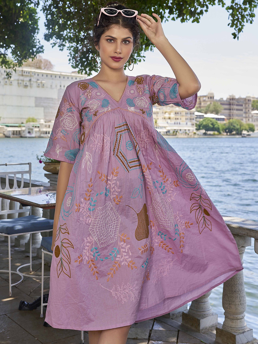 PEACH PIPER Flared Sleeve Empire Dress