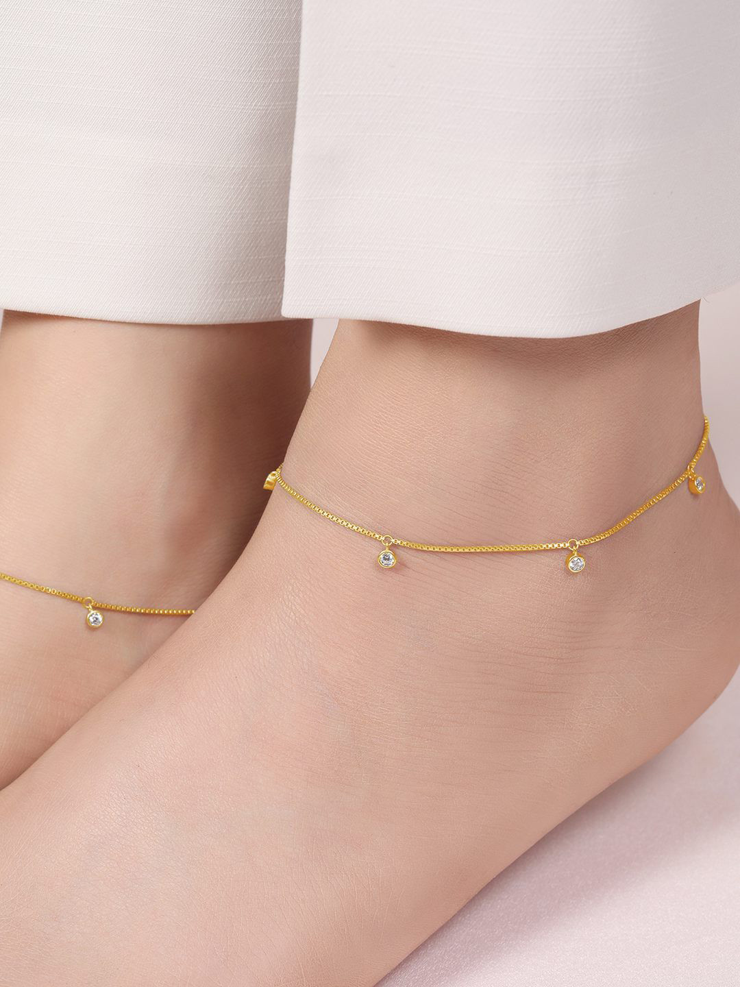 Zavya Gold-Plated 925 Sterling Silver Artificial Stones Paired Charm Drop Anklet