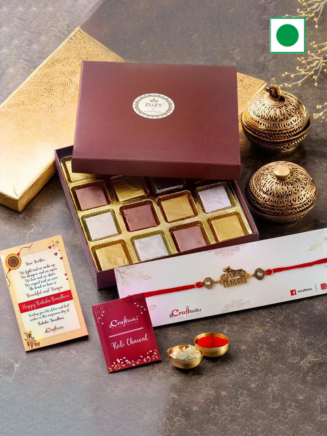 eCraftIndia Bike Bhai Designer Rakhi With Zuzy Assorted Chocolate Box 16 Pcs & Roli Chawal