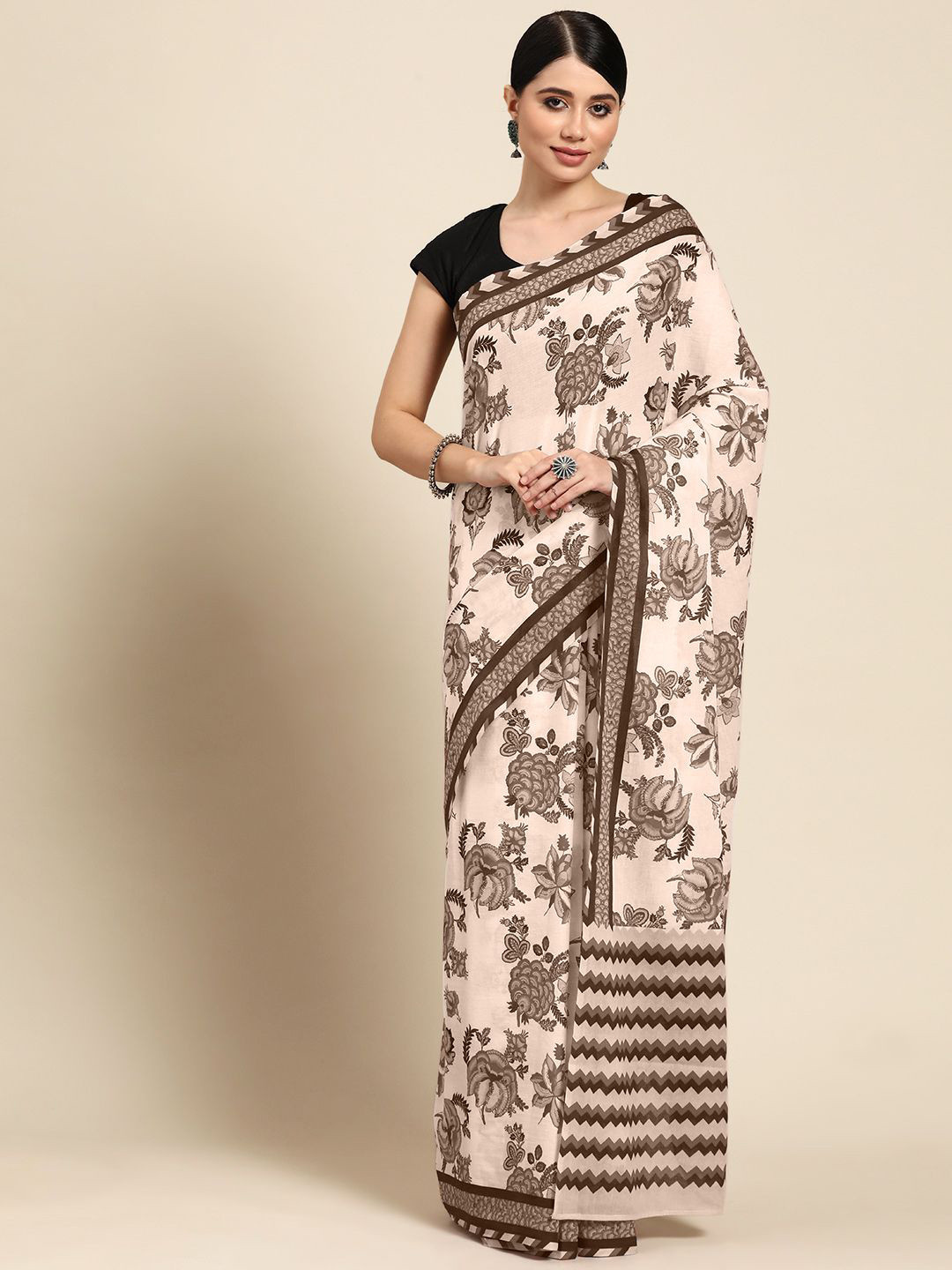 BUTA BUTI  Floral Coffee Brown Pure Cotton Printed Saree
