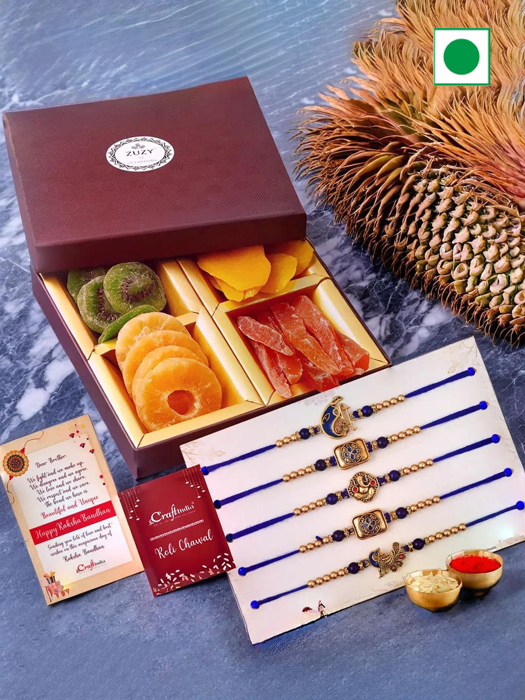 eCraftIndia Set of 5 Beaded Rakhis with Dry Fruit Box And Roli Chawal