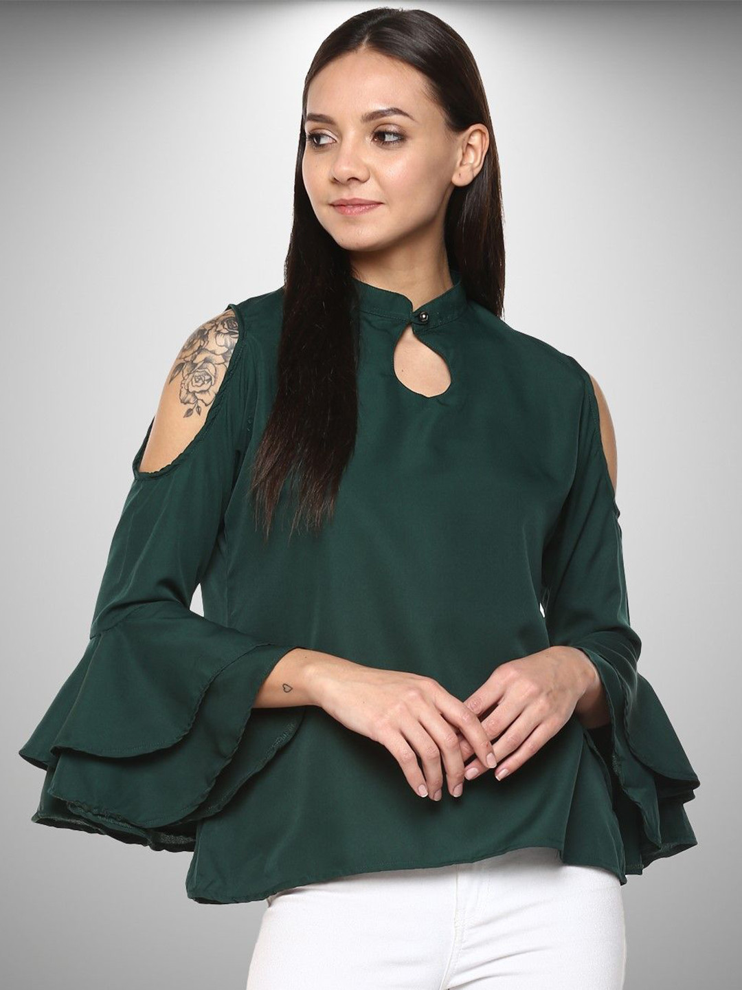 Indietoga Women Solid Bell Sleeve Cold Shoulder Keyhole Neck Crepe Top