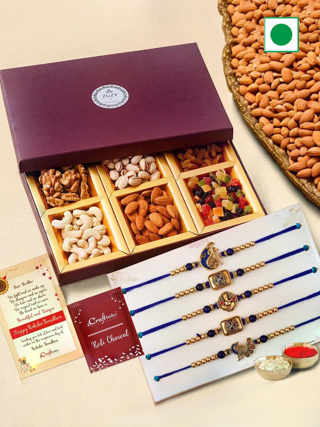 eCraftIndia Set of 5 Rakhis with Dry Fruit Gift Box & Roli Chawal