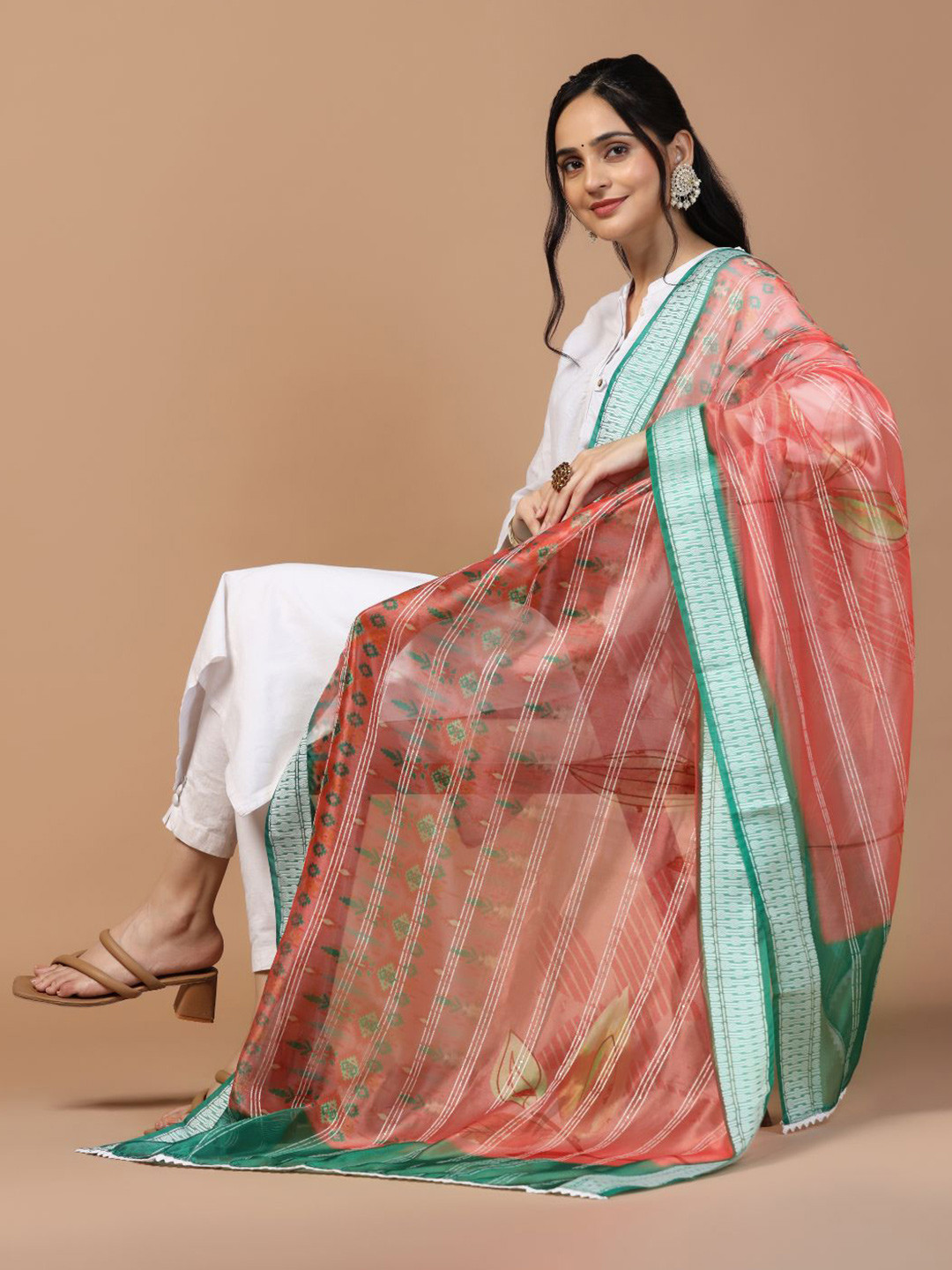Kaizen TEXO FAB Sequinned Floral Printed Organza Dupatta