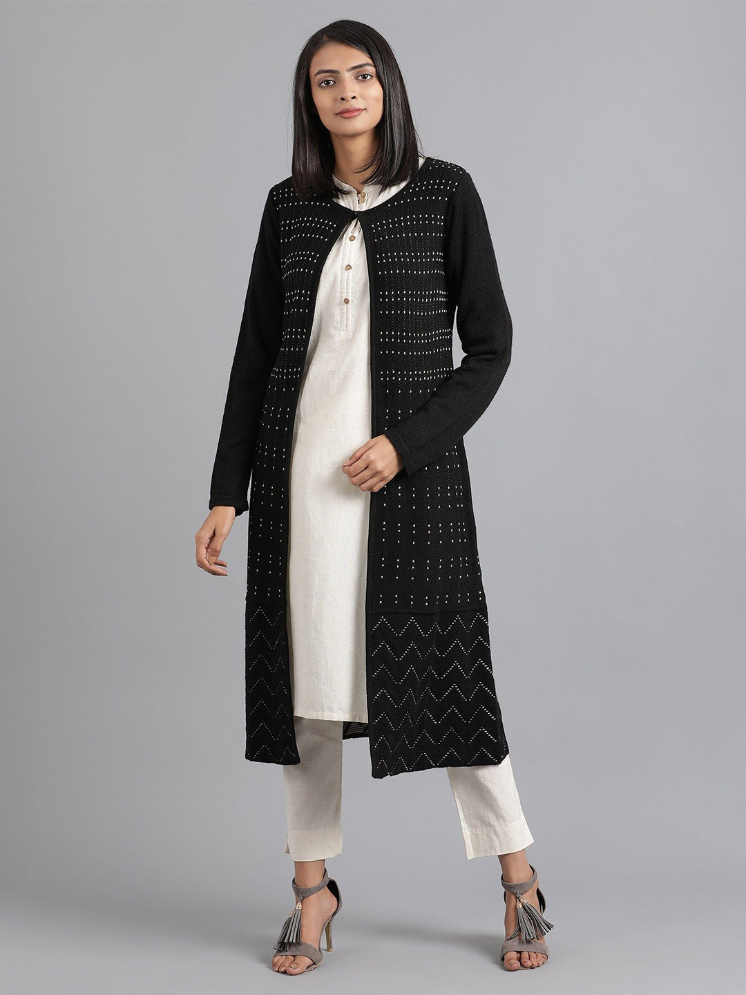 W Women Striped Polyester PU Coated Longline Cardigan