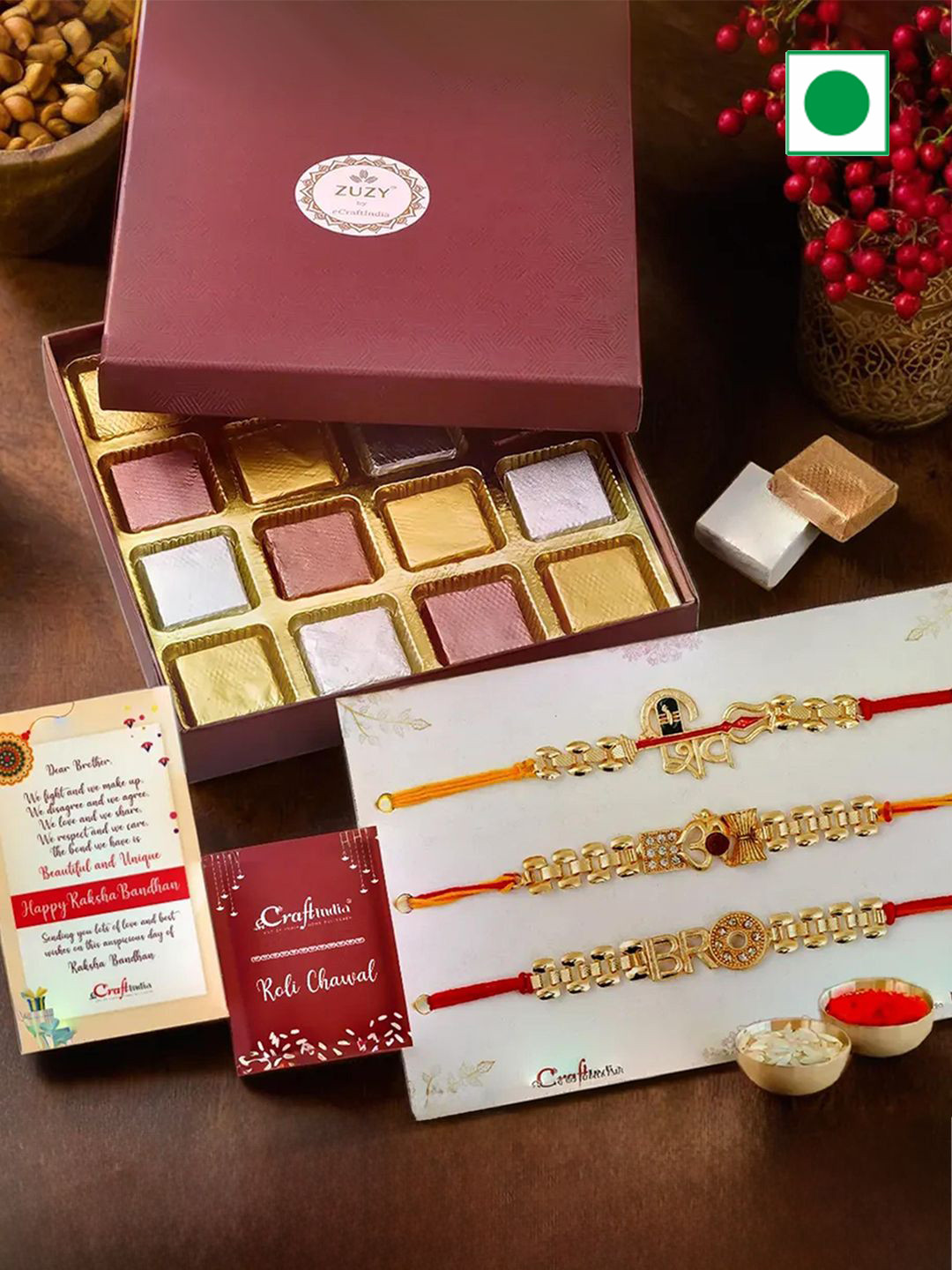 eCraftIndia Set of 4 Rakhis With Zuzy Assorted Chocolate Gift Box 16 Pcs & Roli Chawal