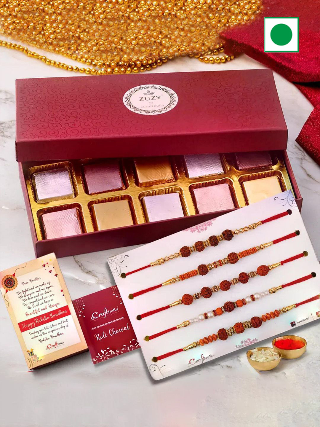 eCraftIndia Set of 6 Rudraksha Rakhis With Zuzy Assorted Chocolates10 Pcs & Roli Chawal