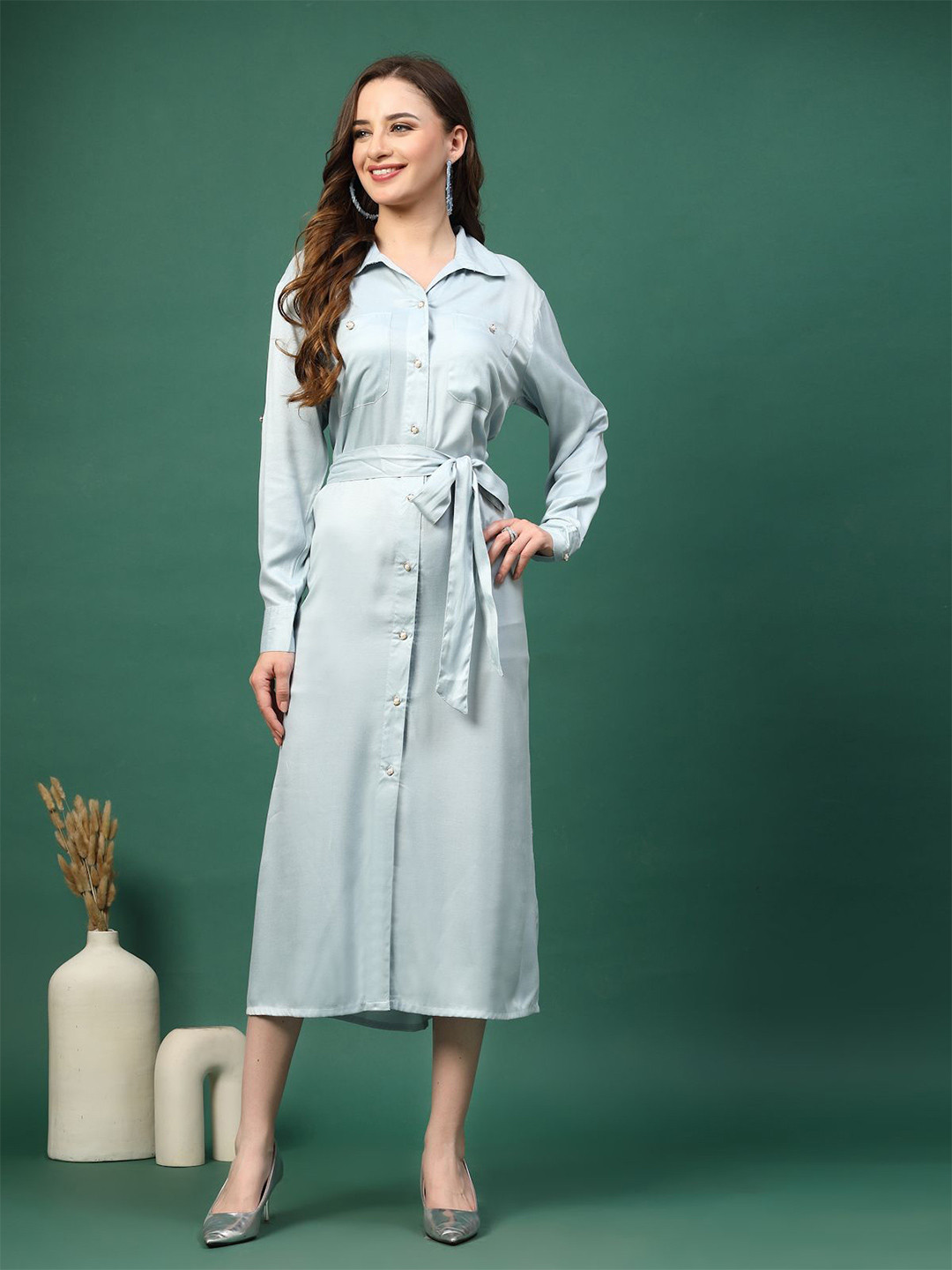 plusS Solid Shirt Midi Dress