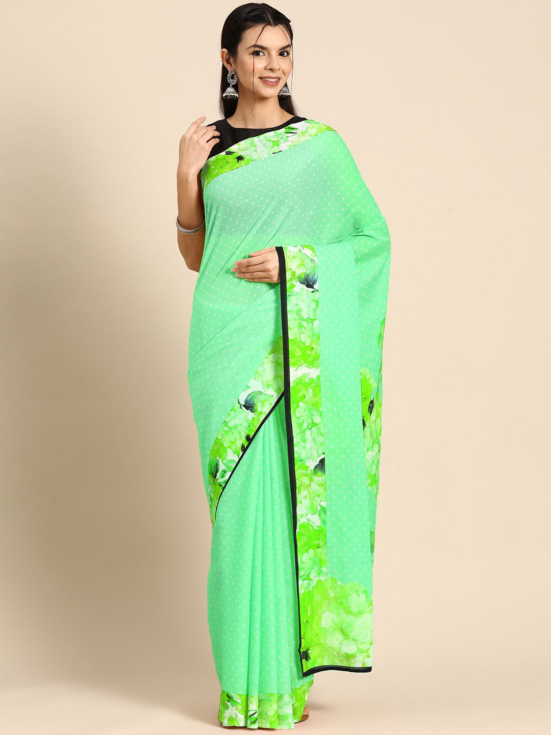 BUTA BUTI Polka Dot  Green Color Floral Printed Saree