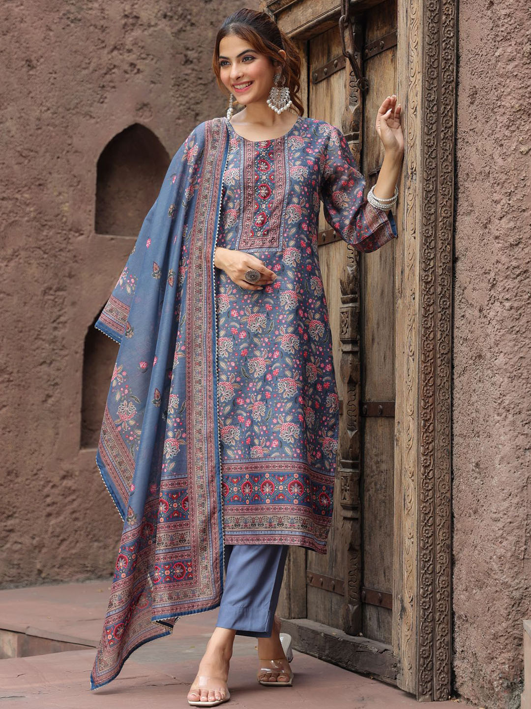Rain & Rainbow Floral Printed Beads And Stones Straight Kurta With Trousers & Dupatta