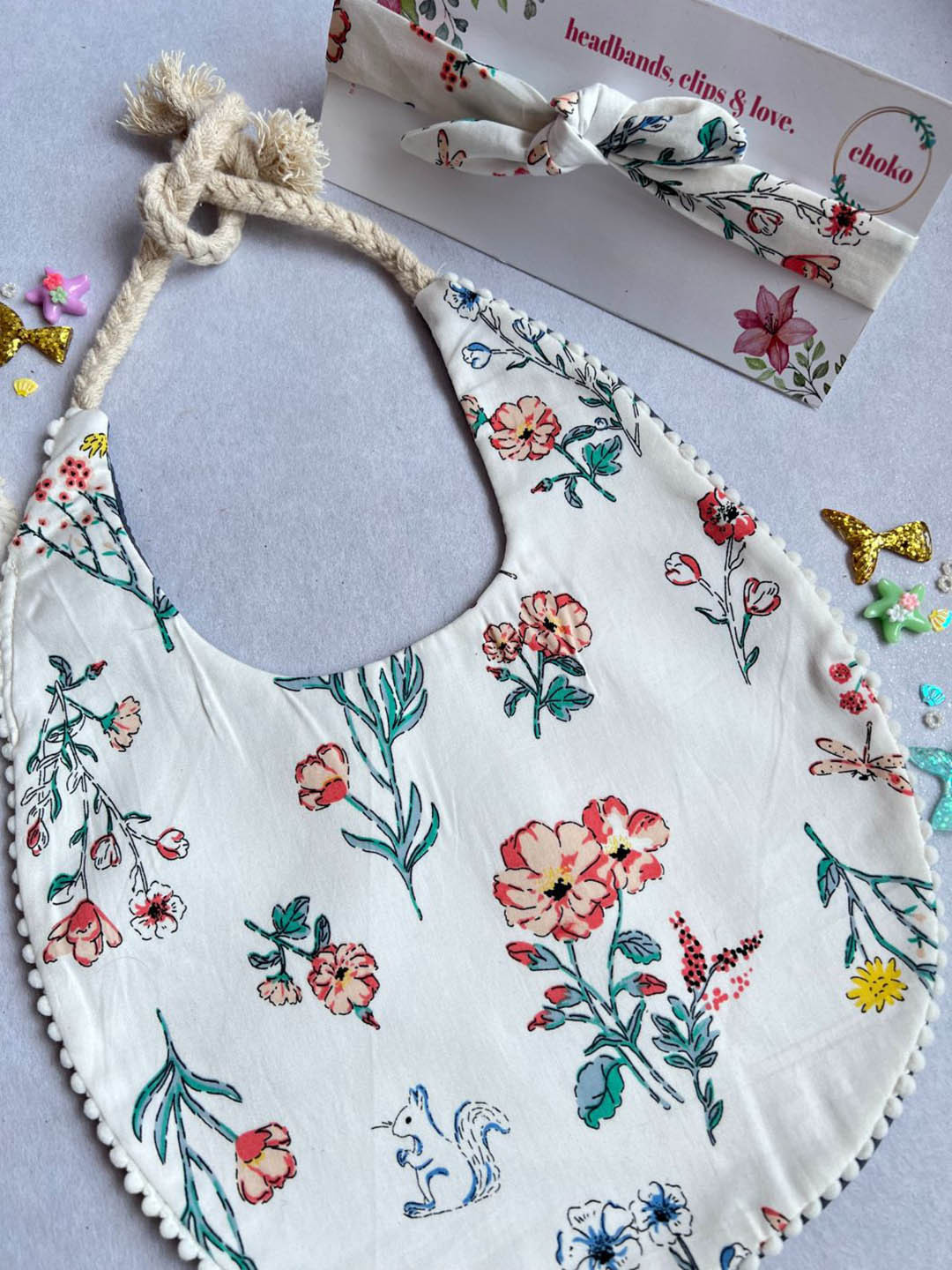 Choko Girls Floral Printed Waterproof Bib & Headband Set