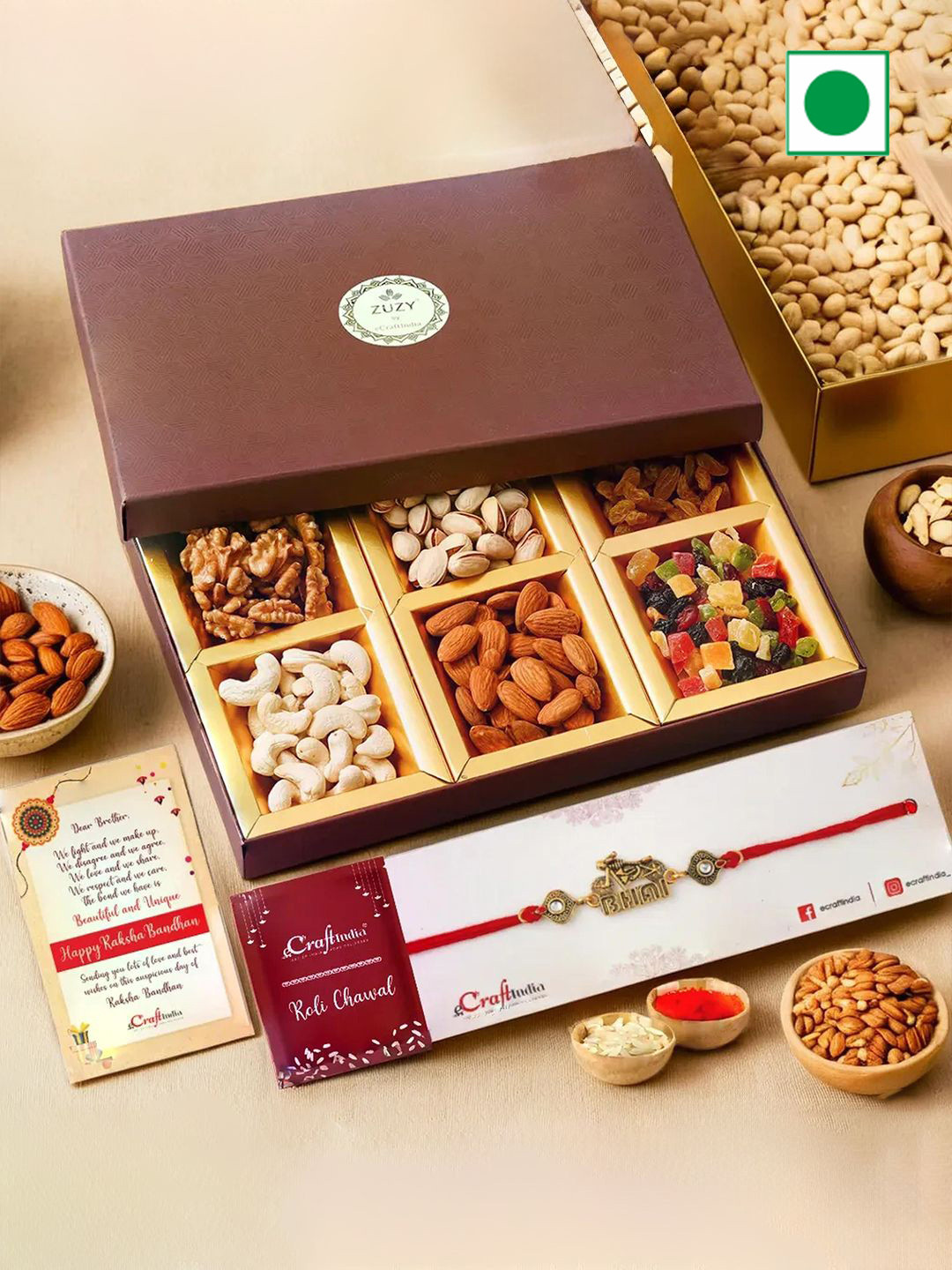 eCraftIndia Set of 2 BHAI Thread Rakhi With Zuzy Dry Fruit Bo & Roli Chawal